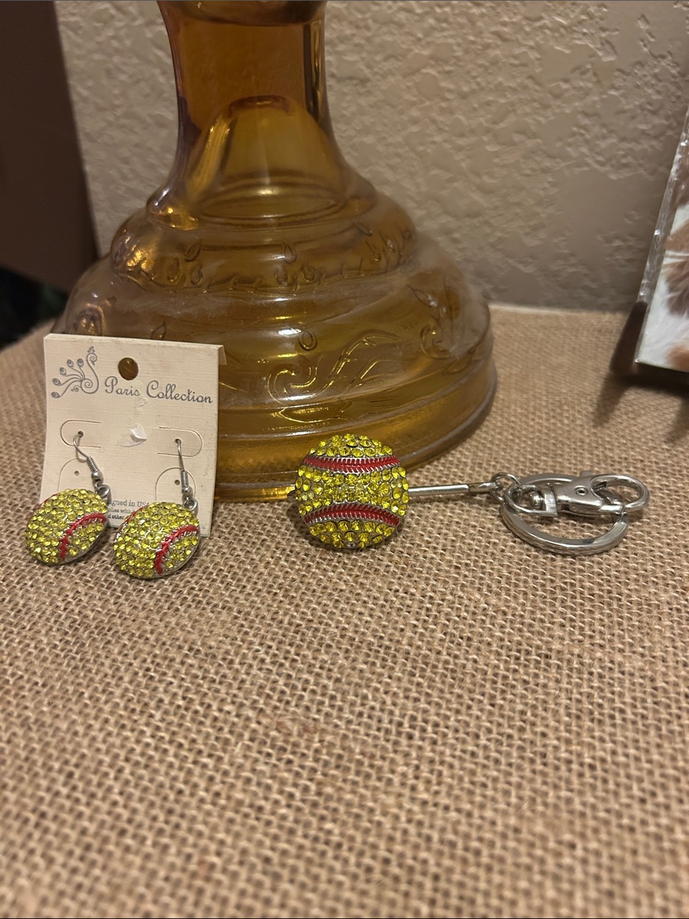 Yellow Crystal Softball Ball Earrings and Keychain Set